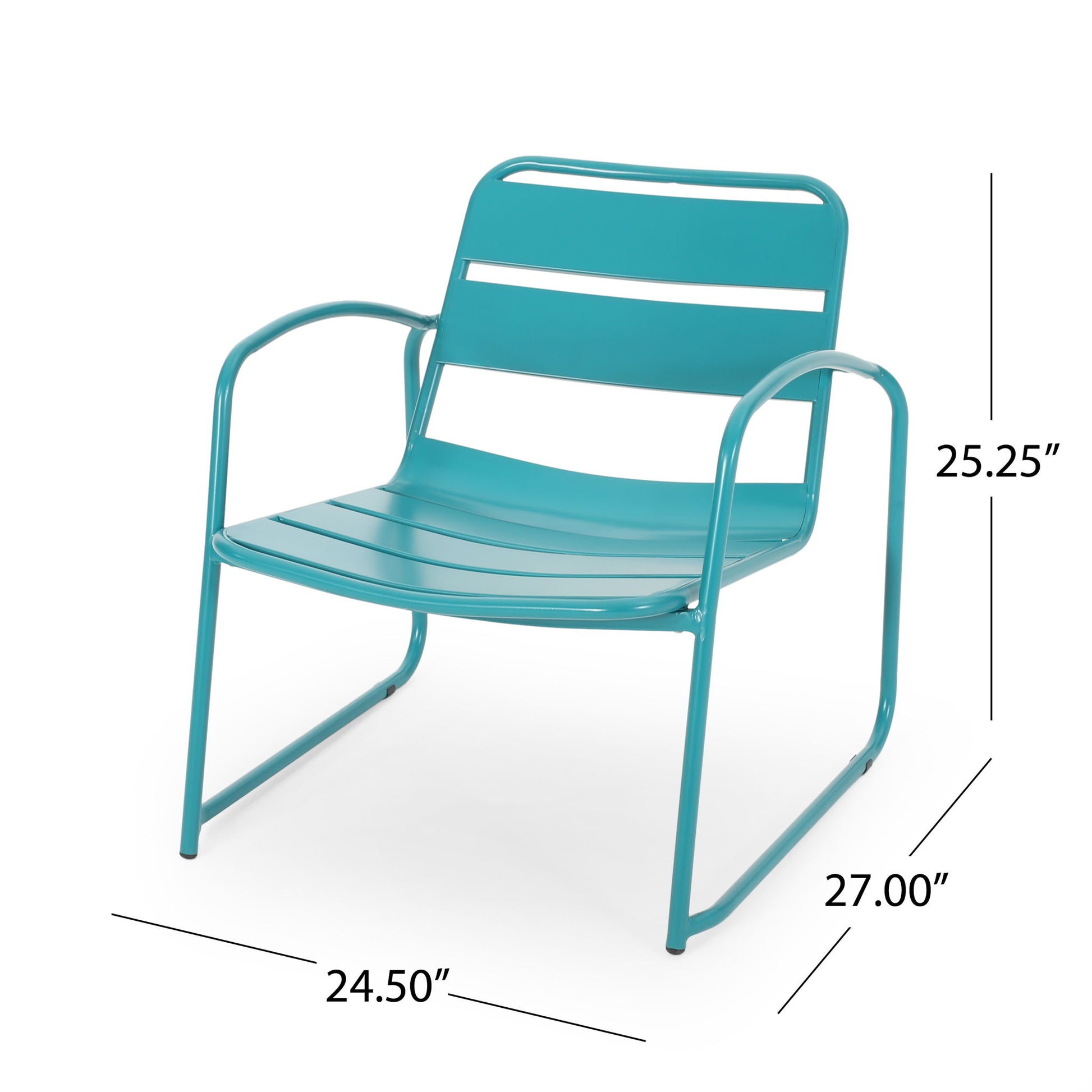 The Conrad Chair Outdoor Seating features a turquoise metal frame with slatted seat and backrest, curved armrests, and sled-style legs. Dimensions: 25.25" H x 24.5" W x 27" D.