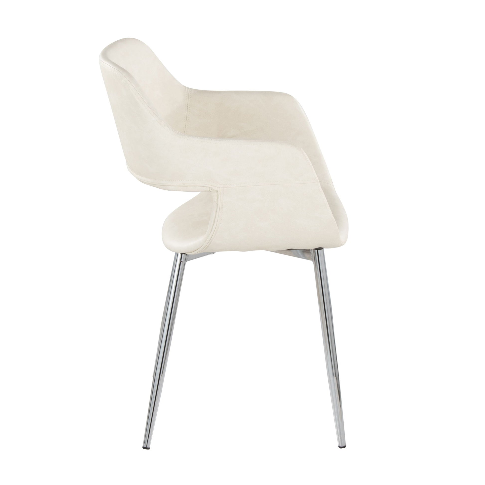 Side view of the Margarite - Contemporary Dining Chair (Set of 2) featuring a white upholstered seat, curved armrests, and four slender chrome metal legs on a white background.