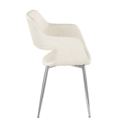 Side view of the Margarite - Contemporary Dining Chair (Set of 2) featuring a white upholstered seat, curved armrests, and four slender chrome metal legs on a white background.
