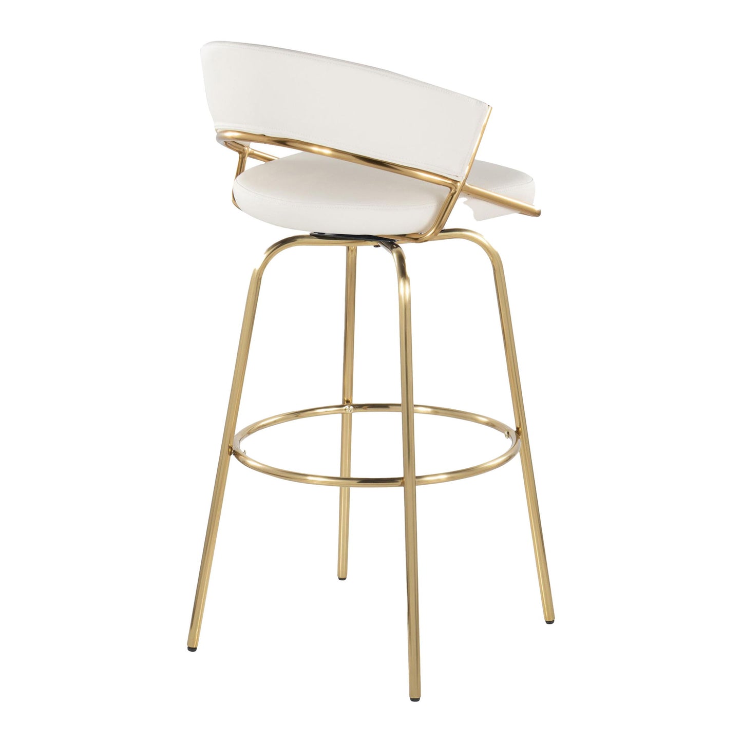 The Jie Fixed Height Contemporary Barstool (Set of 2) features a white cushioned seat and backrest, slim gold metal legs, a circular footrest, swivel function, and a sleek curved design.