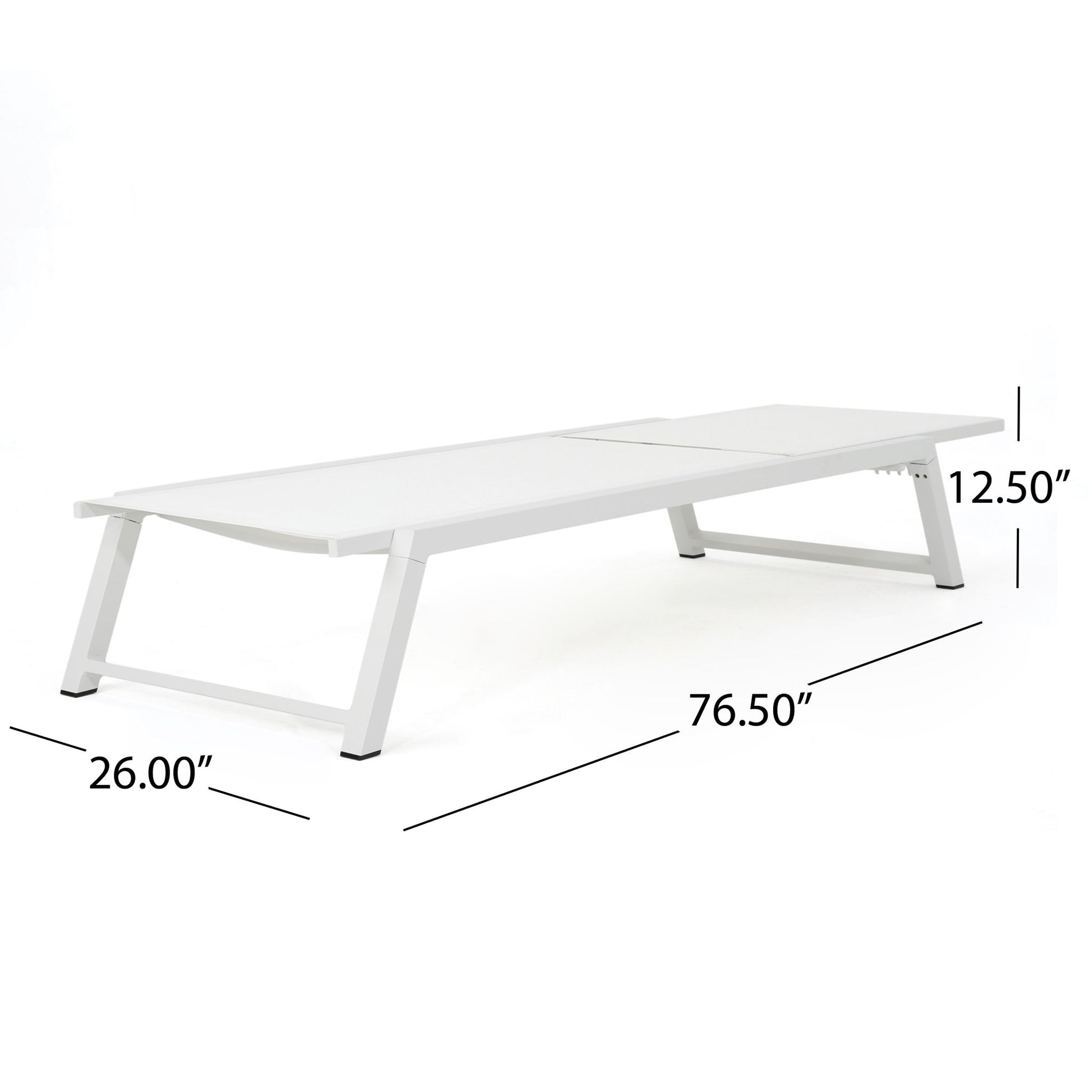 The Myers Modern Chaise Lounge Set features a white, low-profile design, angled legs, and an adjustable mesh back; dimensions are 76.5"L x 26"W x 12.5"H.
