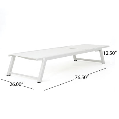 The Myers Modern Chaise Lounge Set features a white, low-profile design, angled legs, and an adjustable mesh back; dimensions are 76.5"L x 26"W x 12.5"H.