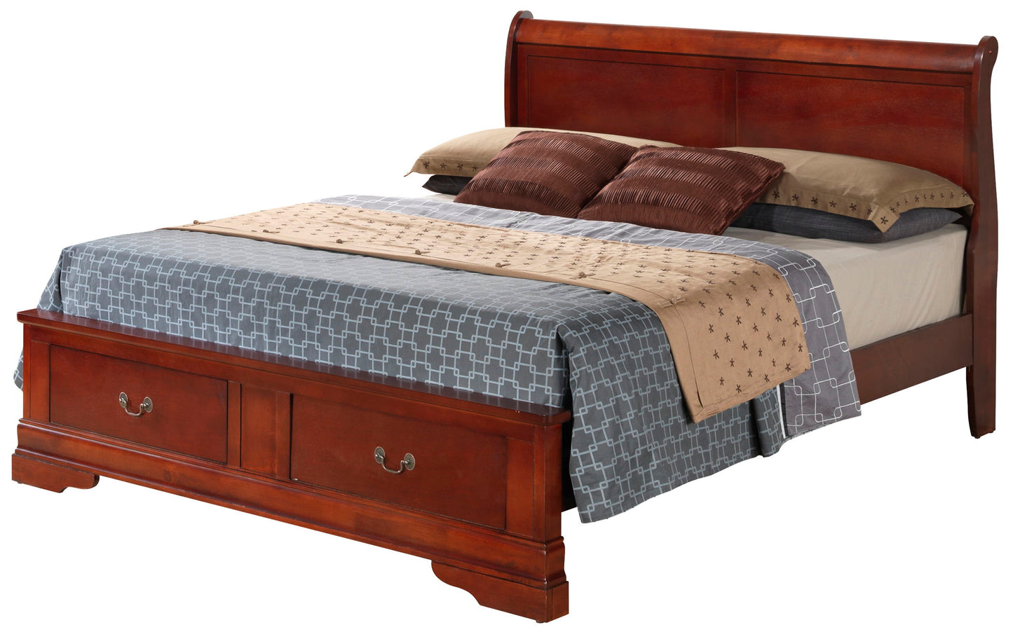 The Louis Phillipe Storage Bed features a tall wooden headboard, two storage drawers at the foot, gray geometric bedding, tan and brown pillows, and a beige throw blanket.