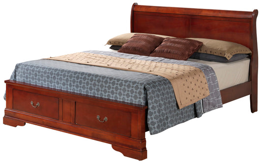 The Louis Phillipe Storage Bed features a tall wooden headboard, two storage drawers at the foot, gray geometric bedding, tan and brown pillows, and a beige throw blanket.