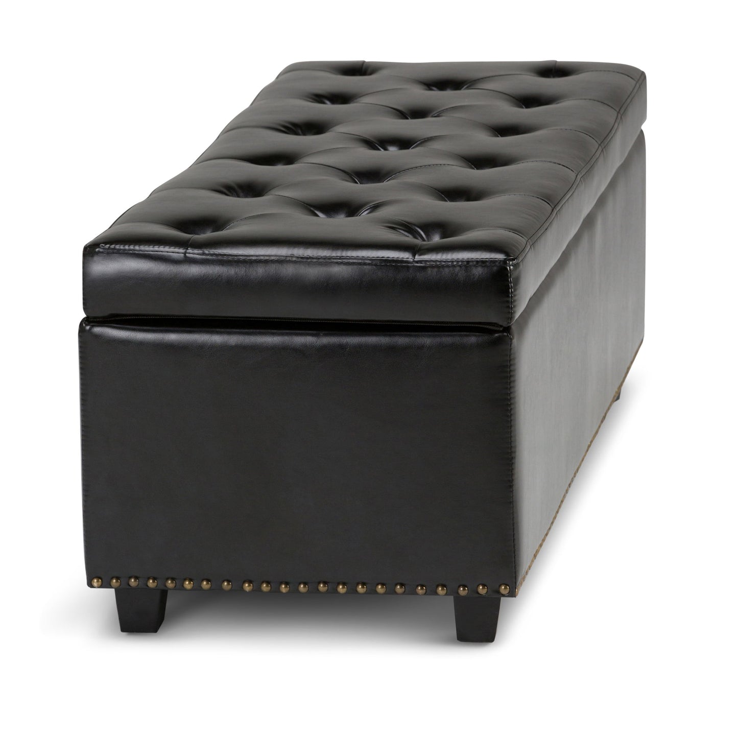 The Hamilton - Upholstered Storage Ottoman features black tufted leather, a rectangular shape, short legs, decorative nailhead trim along the base, and a cushioned top that lifts for storage.