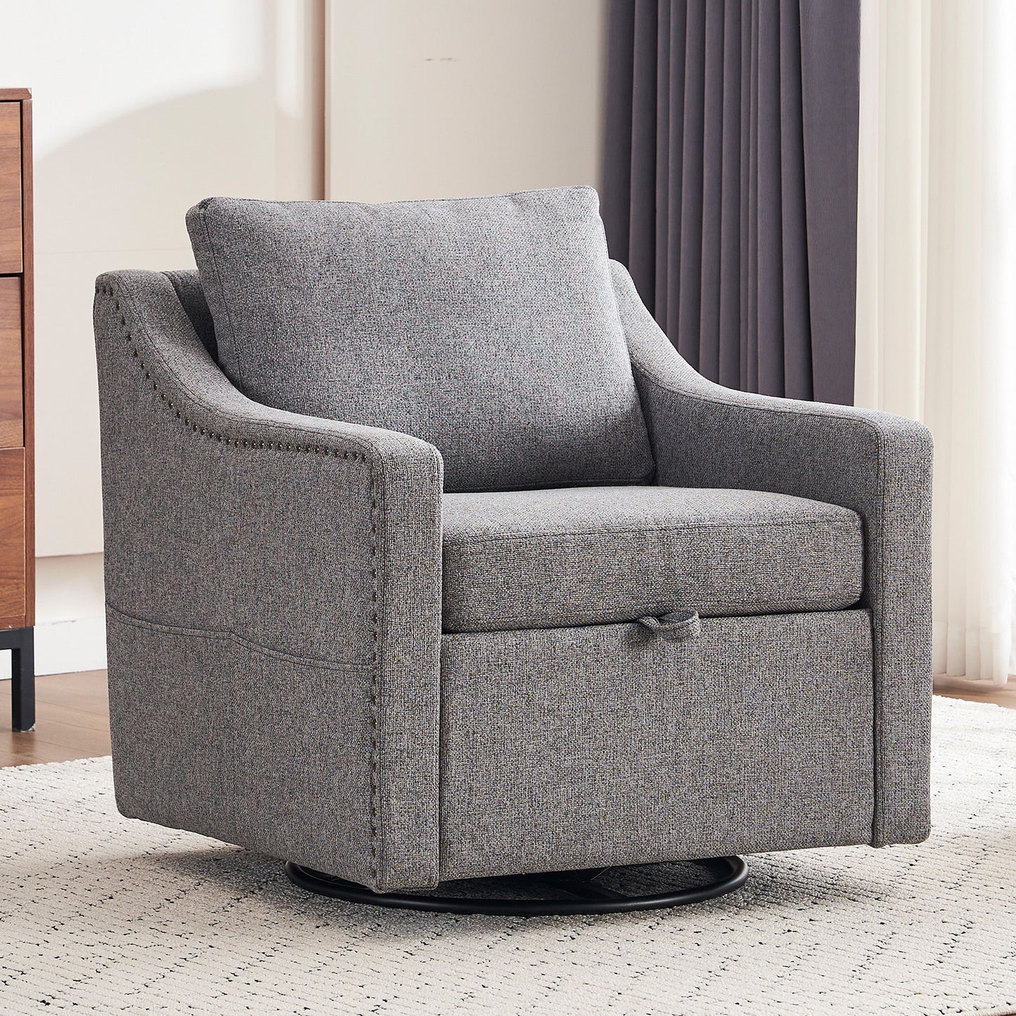 Linen Fabric 360° Swivel Accent Chair With Upholstered Back Pillow And Rivet Armrest