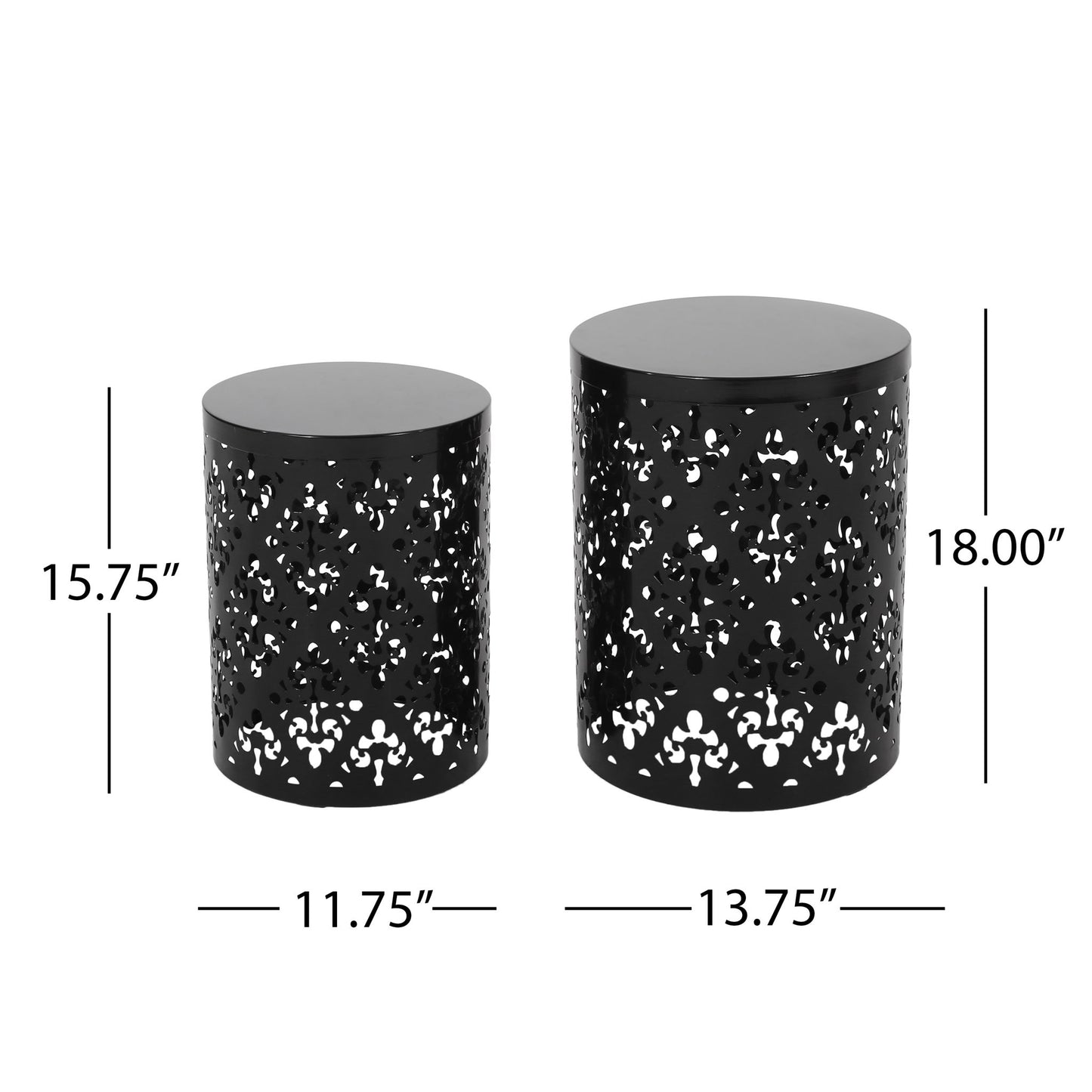 Set of two black Outdoor Metal Modern Design End Tables with decorative openwork sides and solid tops. The smaller table is 15.75" H x 11.75" W; the larger is 18" H x 13.75" W, both featuring a modern cylindrical shape.