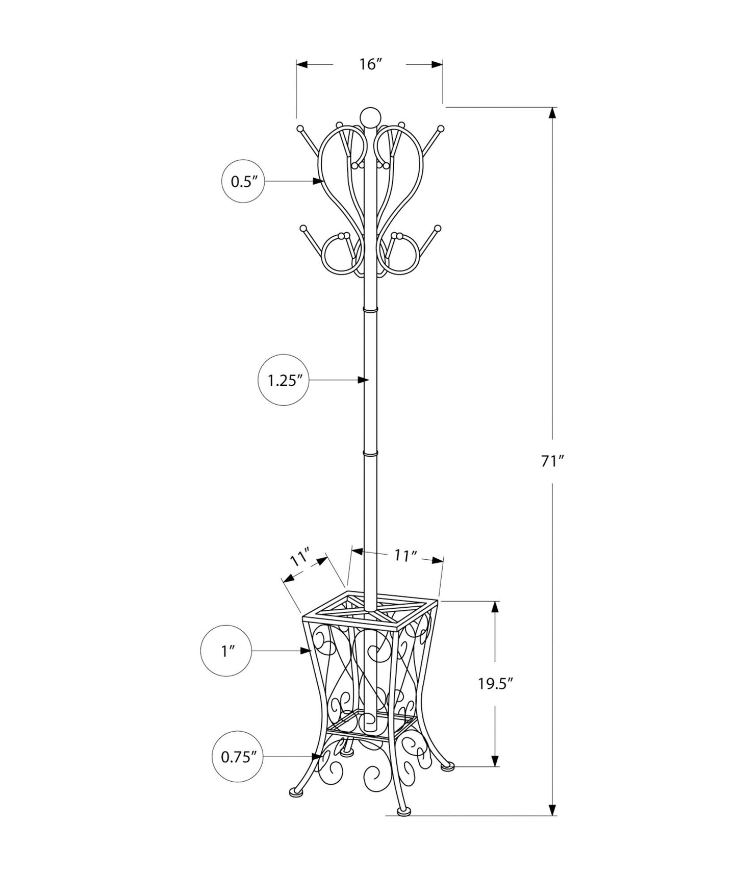 Line drawing of the Coat Rack, Hall Tree, Free Standing with 8 hooks and umbrella holder in black; 71" tall, 16" wide, base is 19.5" high and 11" square; pole and hook diameters labeled.
