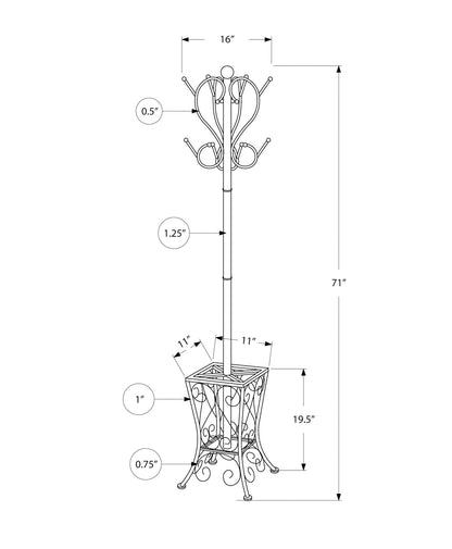Line drawing of the Coat Rack, Hall Tree, Free Standing with 8 hooks and umbrella holder in black; 71" tall, 16" wide, base is 19.5" high and 11" square; pole and hook diameters labeled.
