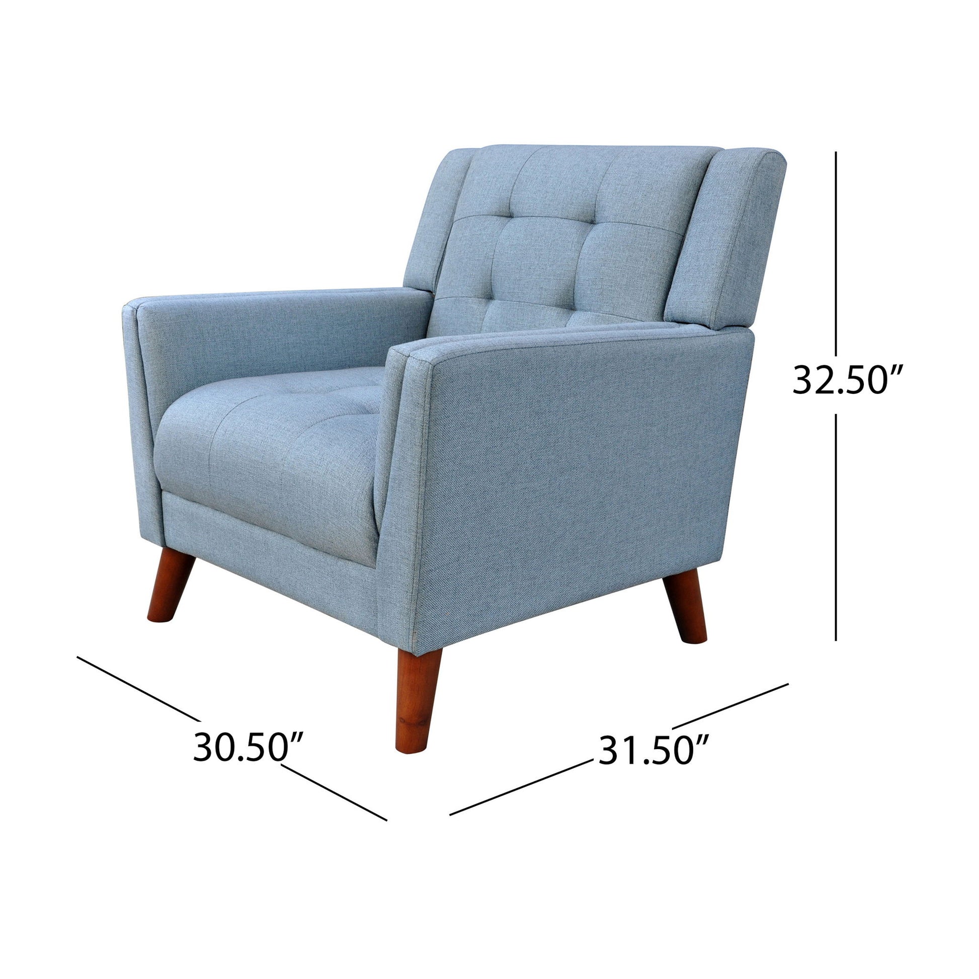 The Luminaesque Fabric Upholstered Armchair features a modern light gray design, button-tufted back and seat, angled wooden legs, and measures 32.5"H x 30.5"D x 31.5"W.