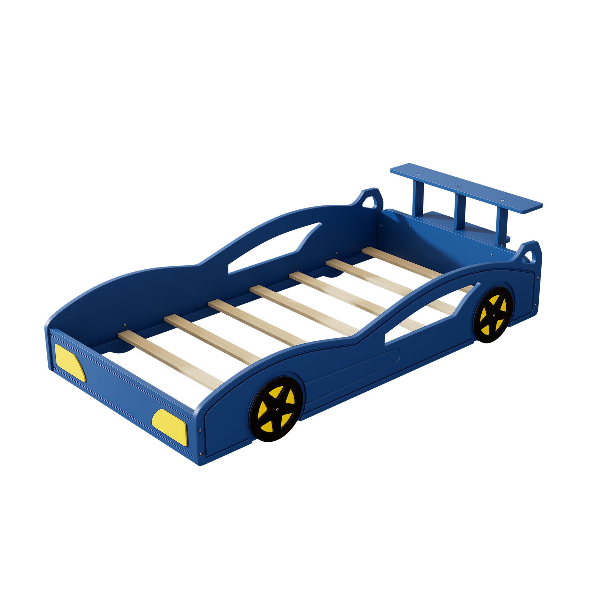 The Wooden Race Car Bed is a blue, car-shaped platform twin bed for teens, featuring yellow headlights, black wheels, a raised headboard spoiler, and wooden slats. Mattress not included.