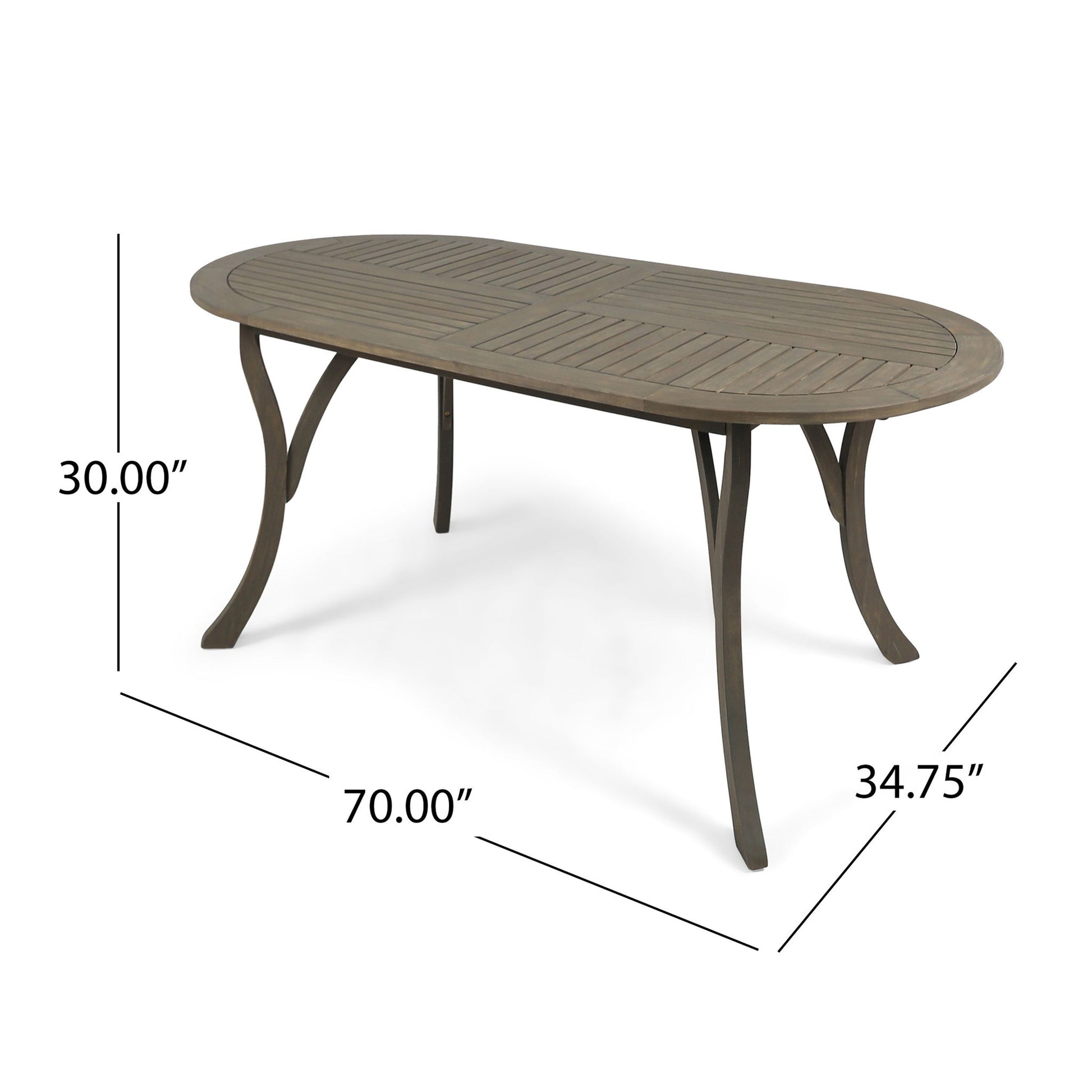 Outdoor Table With Smooth Lines, Slat Top features an oval slatted top and curved legs, measuring 30.00"H x 70.00"L x 34.75"W.