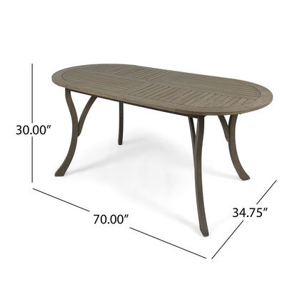 Outdoor Table With Smooth Lines, Slat Top features an oval slatted top and curved legs, measuring 30.00"H x 70.00"L x 34.75"W.