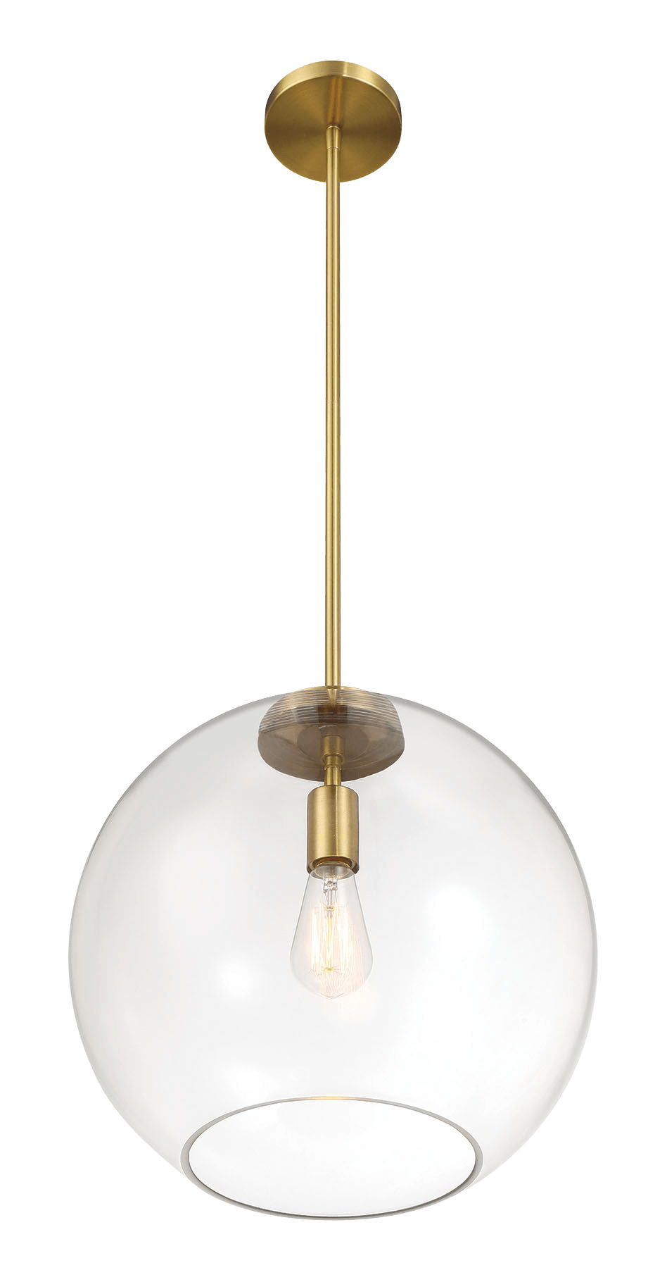 The Gleam Single Light Pendant Lamp features a round clear glass shade with a central exposed bulb, hanging from an antique brass rod and base. It combines contemporary and vintage design elements in its Satin - Antique Brass / Clear / Gold finish.