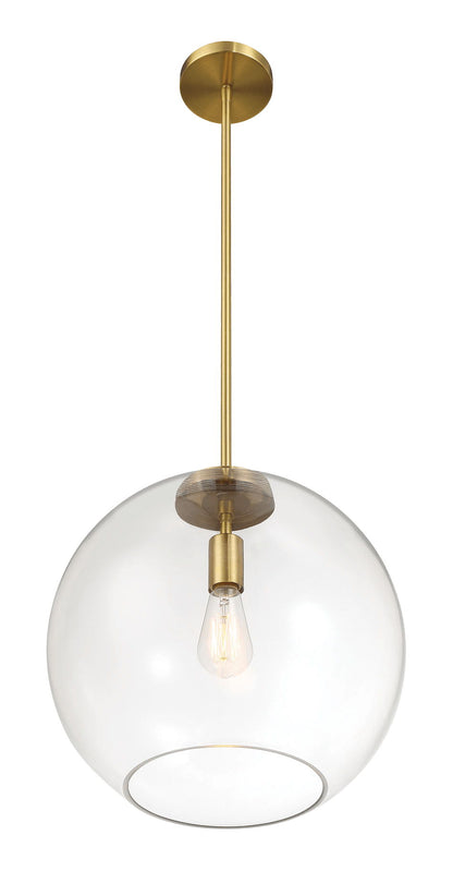 The Gleam Single Light Pendant Lamp features a round clear glass shade with a central exposed bulb, hanging from an antique brass rod and base. It combines contemporary and vintage design elements in its Satin - Antique Brass / Clear / Gold finish.
