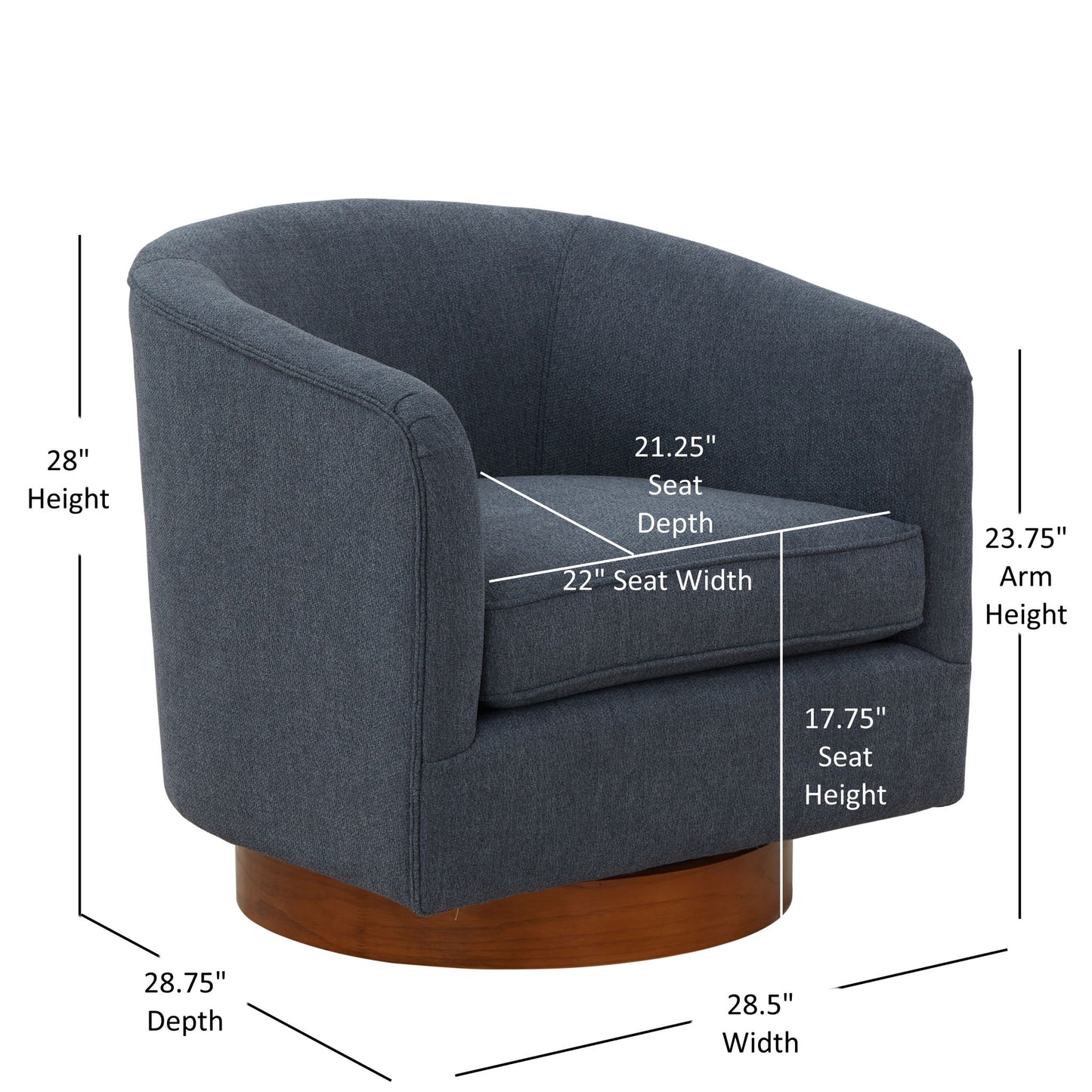 The Miramar Swivel Barrel Chair features dark blue upholstery, a rounded back, wooden base, and dimensions: 28"H, 28.75"W/D, 22"W x 21.25"D seat, 17.75" seat height, and 23.75" arm height.