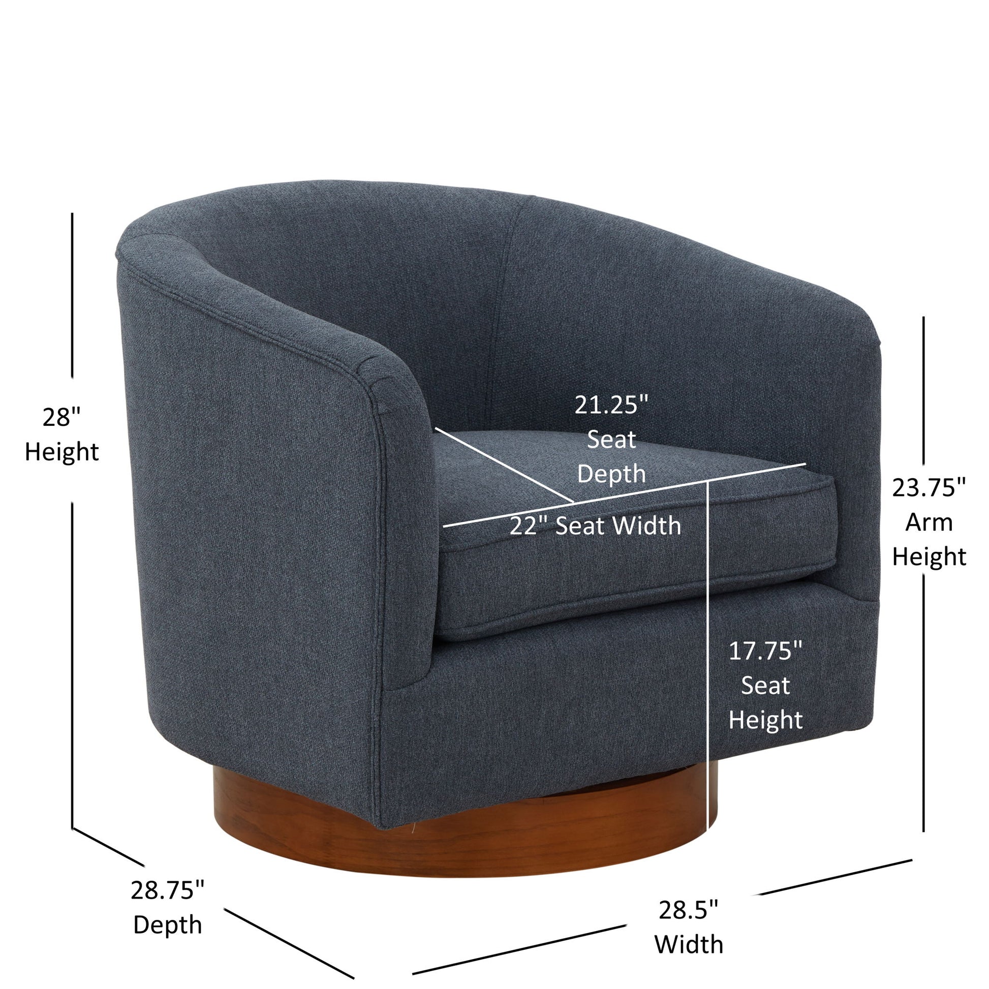 The Miramar Swivel Barrel Chair features dark blue upholstery, a rounded back, wooden base, and dimensions: 28"H, 28.75"W/D, 22"W x 21.25"D seat, 17.75" seat height, and 23.75" arm height.