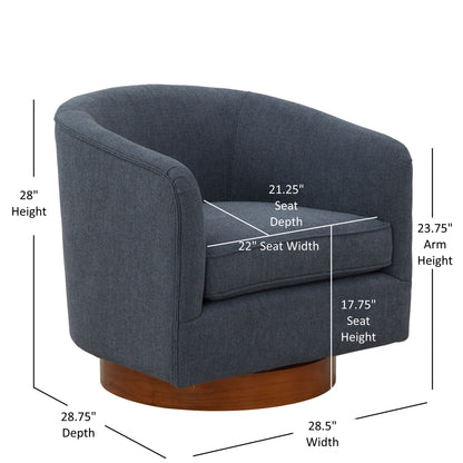 The Miramar Swivel Barrel Chair features dark blue upholstery, a rounded back, wooden base, and dimensions: 28"H, 28.75"W/D, 22"W x 21.25"D seat, 17.75" seat height, and 23.75" arm height.