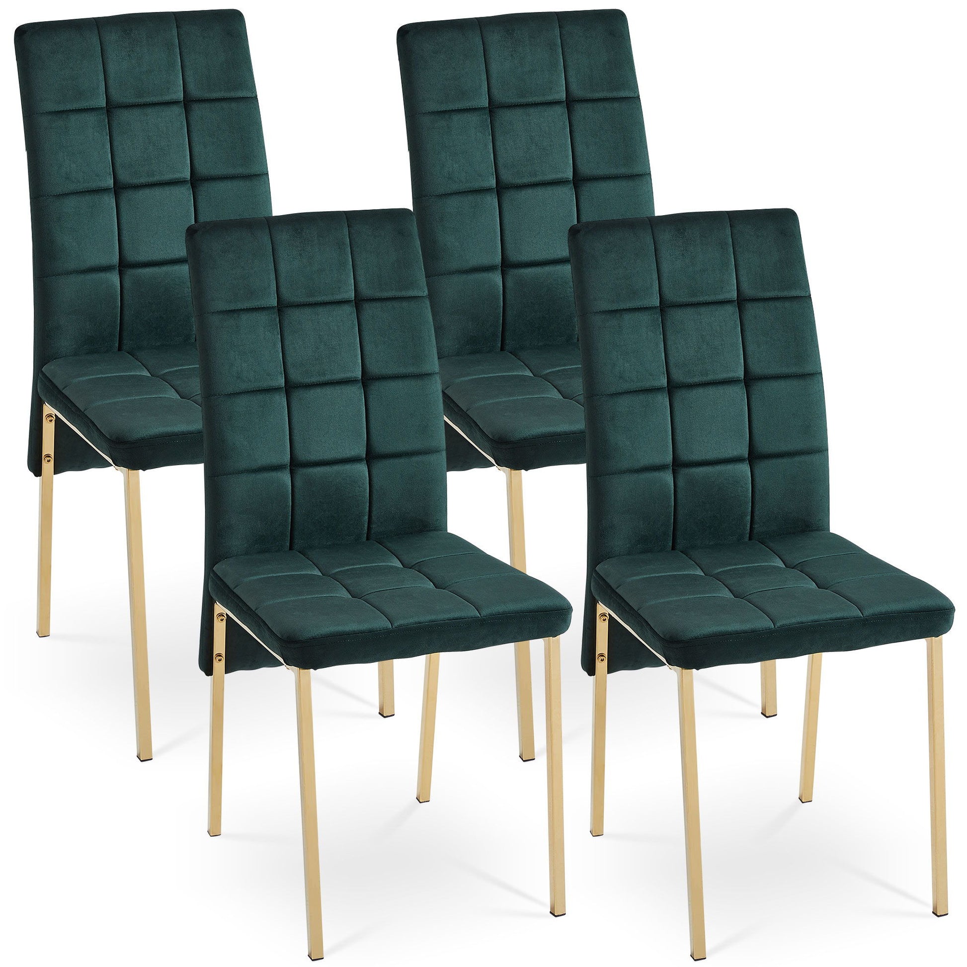 Four Velvet High Back Nordic Dining Chairs with golden color legs and dark green tufted cushions, arranged in two rows against a white background.