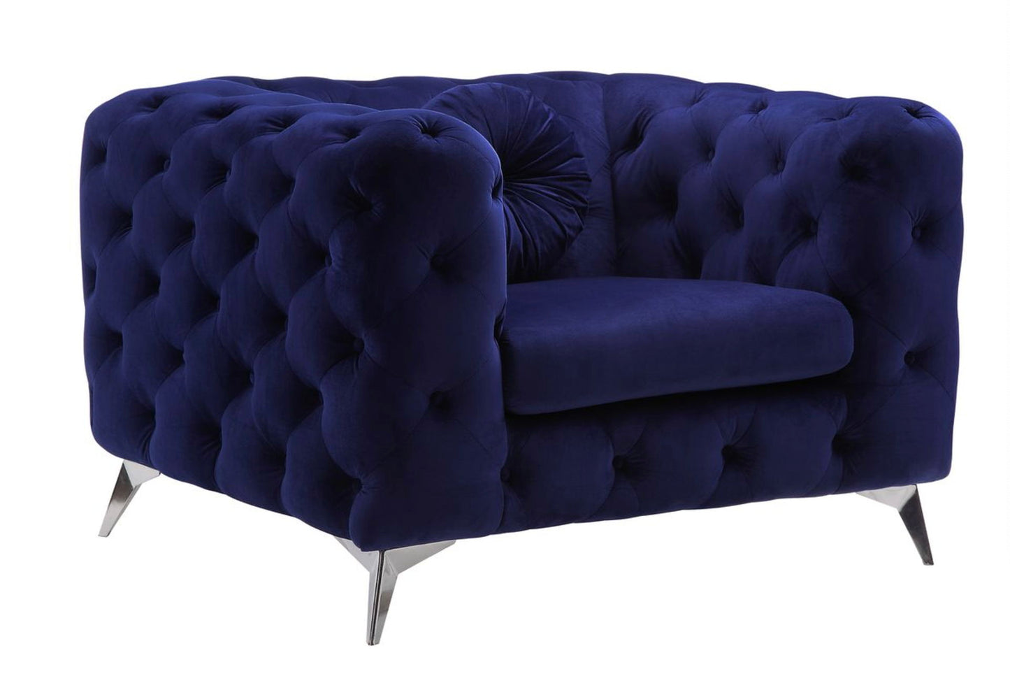 The Atronia Chair features elegant design with deep blue tufted velvet, a plush seat cushion, and metallic angled legs, displayed against a white background.