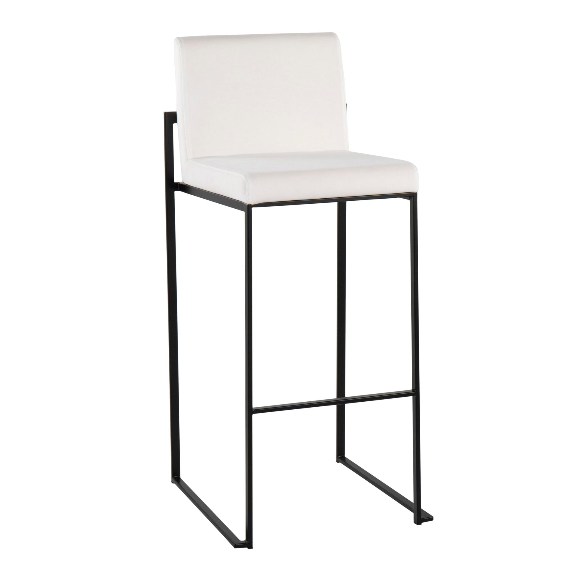 The Fuji - Contemporary High Back Barstool features a white cushioned seat and backrest, paired with a sleek black metal frame and footrest for an elegant, modern look.