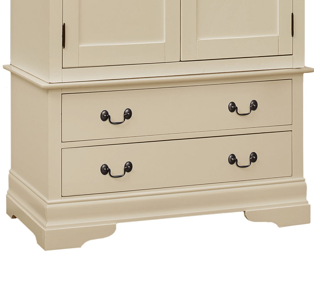 The Elegant Traditional Armoire features a beige wood finish, two drawers with black metal handles, a paneled door cabinet above, and decorative base molding for a classic look.