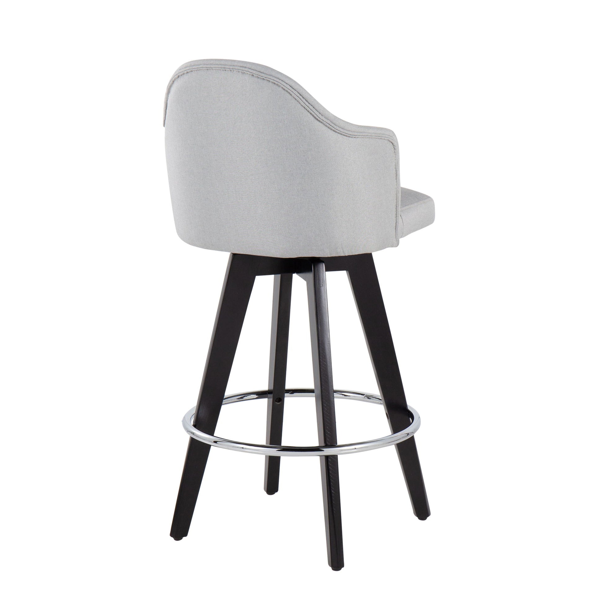 The Ahoy Contemporary Fixed Height Counter Stool (Set of 2) features a light gray upholstered backrest and seat, dark wooden legs, and a round metal footrest, shown from a rear three-quarter angle on a white background.