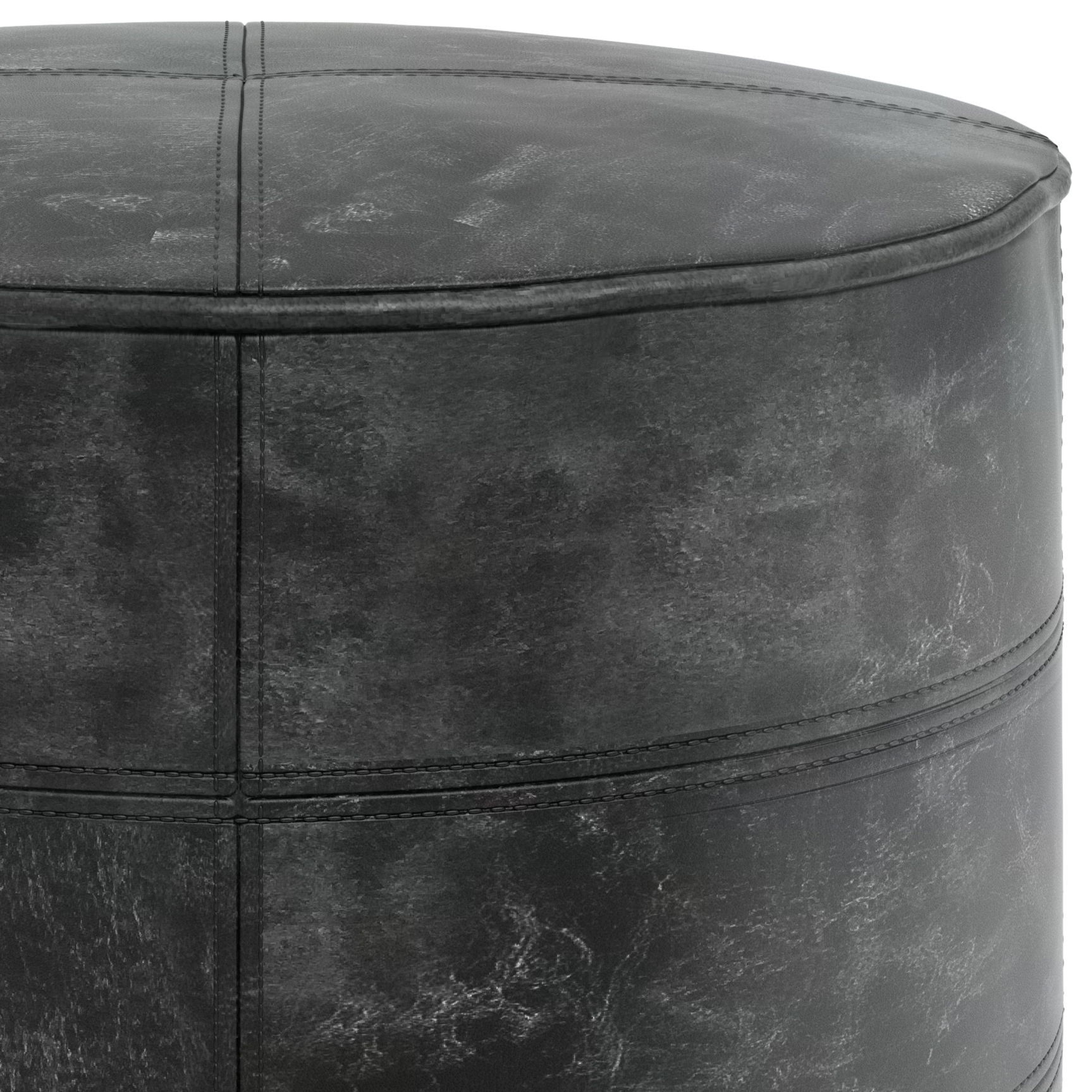 Close-up of the Connor - Handcrafted Round Pouf, featuring black leather with visible stitching and a slightly distressed texture.
