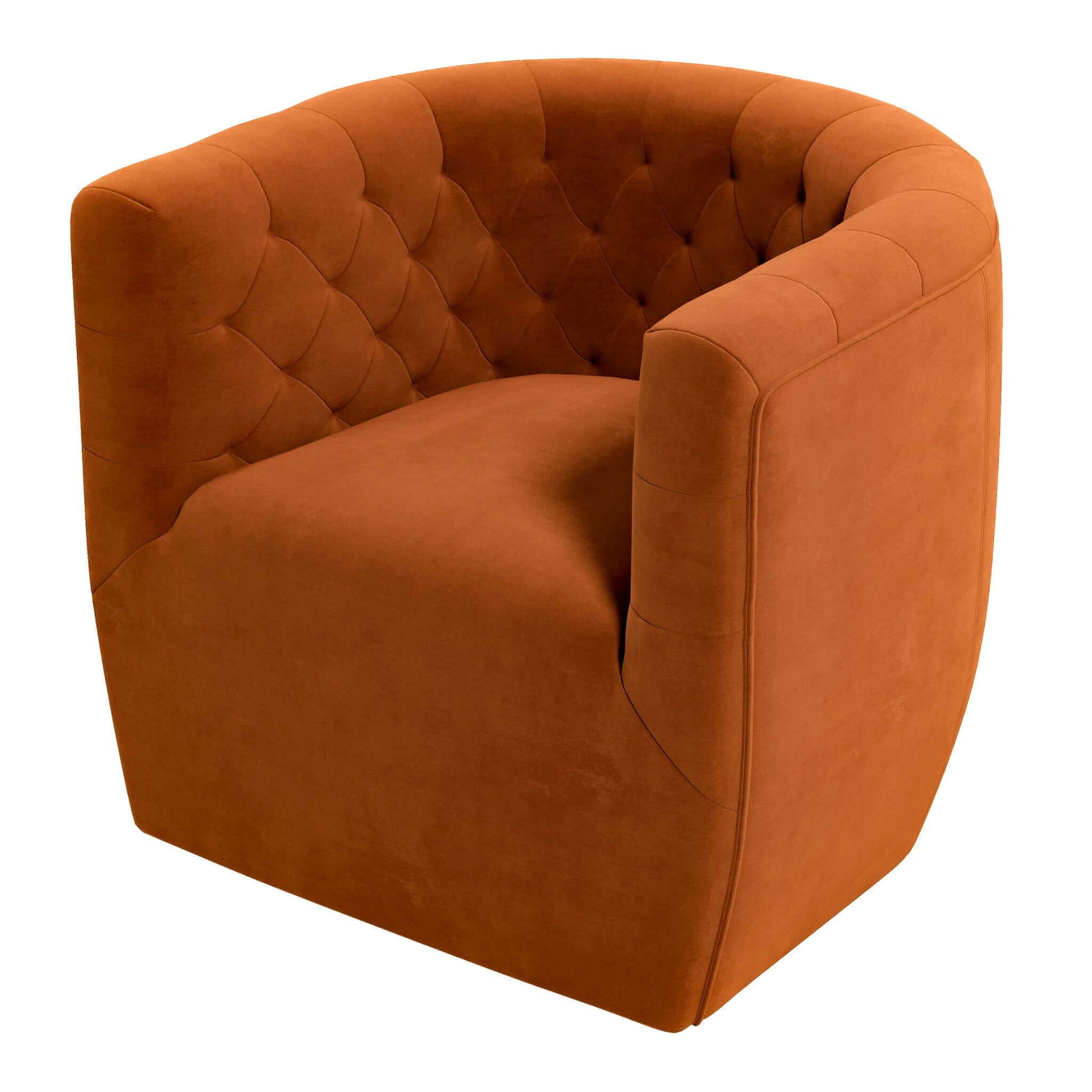 The Delaney Ergonomic Design Swivel Chair features a rust-colored, velvet-like fabric with tufted upholstery on its curved backrest and sides, offering modern style and comfort in a boxy, barrel-shaped silhouette.
