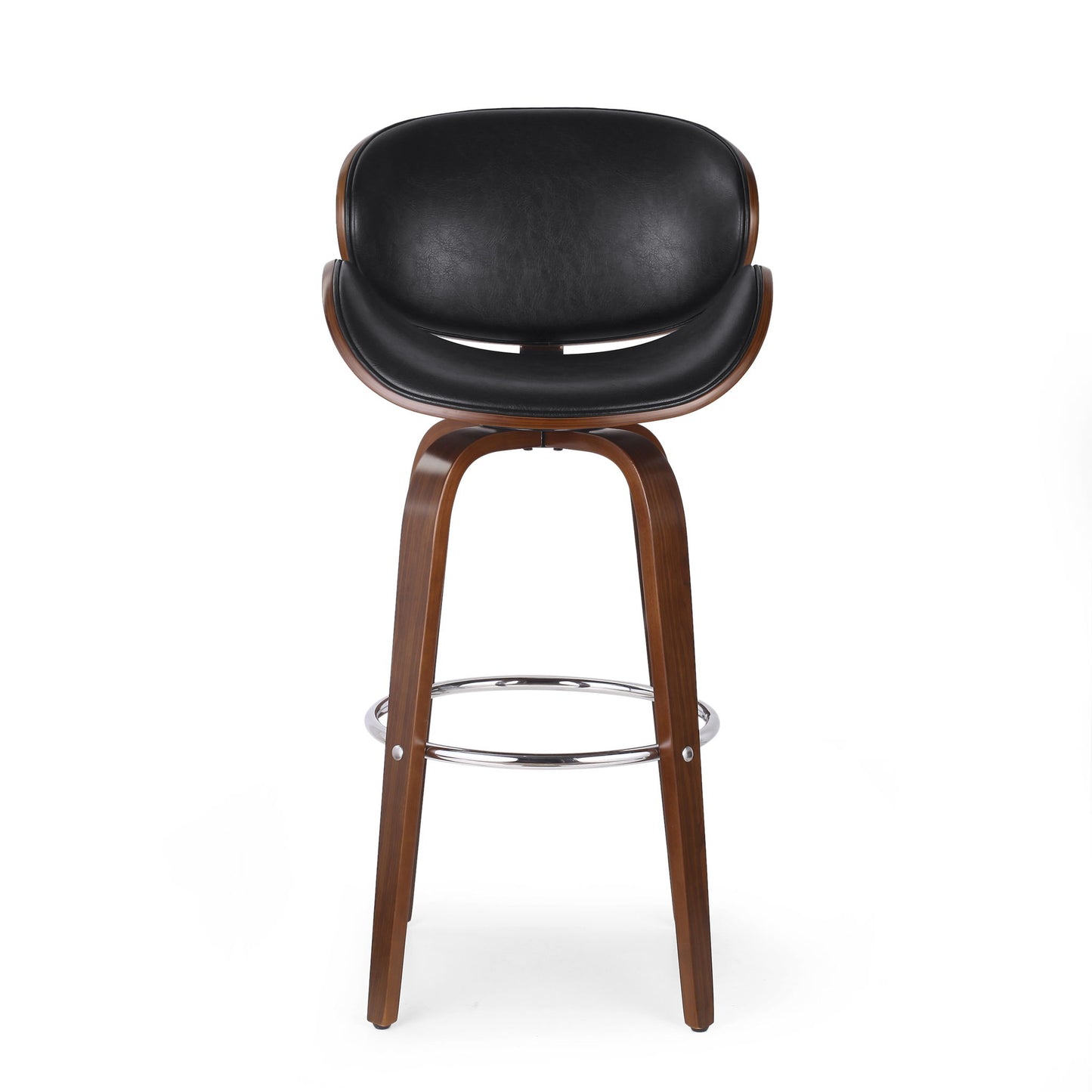 The Lumos - Mid Century Modern Upholstered Swivel Barstool features a curved dark wood frame, black cushioned seat and backrest, and a chrome footrest, shown against a plain white background.