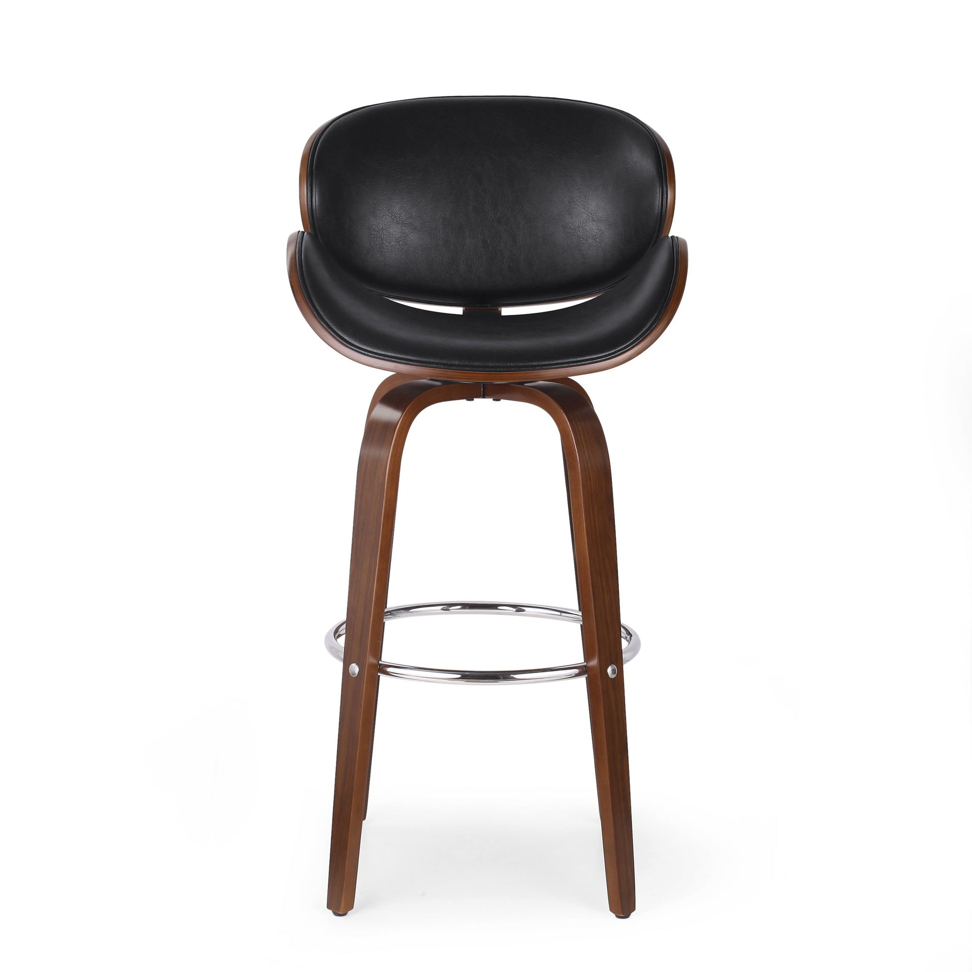 The Lumos - Mid Century Modern Upholstered Swivel Barstool features a curved dark wood frame, black cushioned seat and backrest, and a chrome footrest, shown against a plain white background.