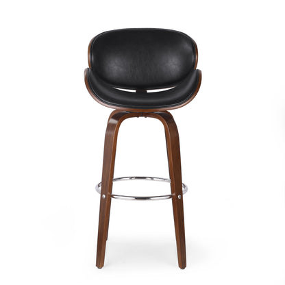 The Lumos - Mid Century Modern Upholstered Swivel Barstool features a curved dark wood frame, black cushioned seat and backrest, and a chrome footrest, shown against a plain white background.