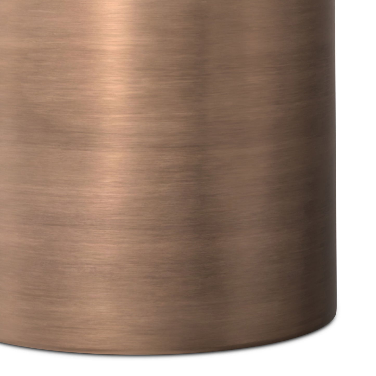 A close-up of the Corbin - Handcrafted Metal Side Table, featuring a cylindrical shape and brushed bronze finish with smooth texture and visible horizontal grain patterns.