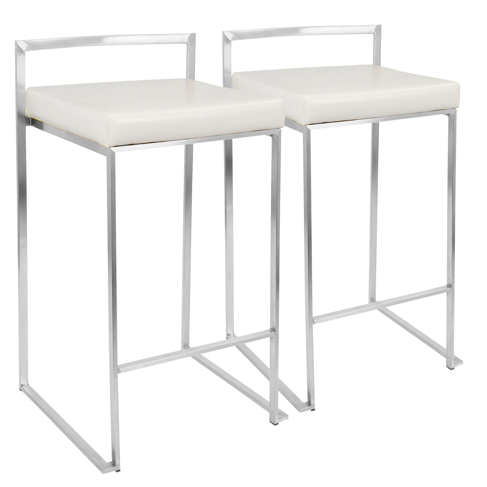 The Fuji Contemporary Stackable Elegant Counter Stool (Set of 2) features white square seats, sleek silver metal frames, minimalistic backrests, and an open, modern design.