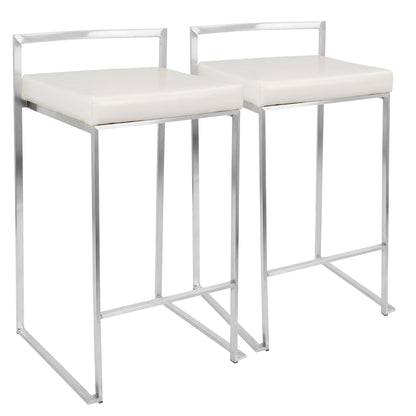 The Fuji Contemporary Stackable Elegant Counter Stool (Set of 2) features white square seats, sleek silver metal frames, minimalistic backrests, and an open, modern design.