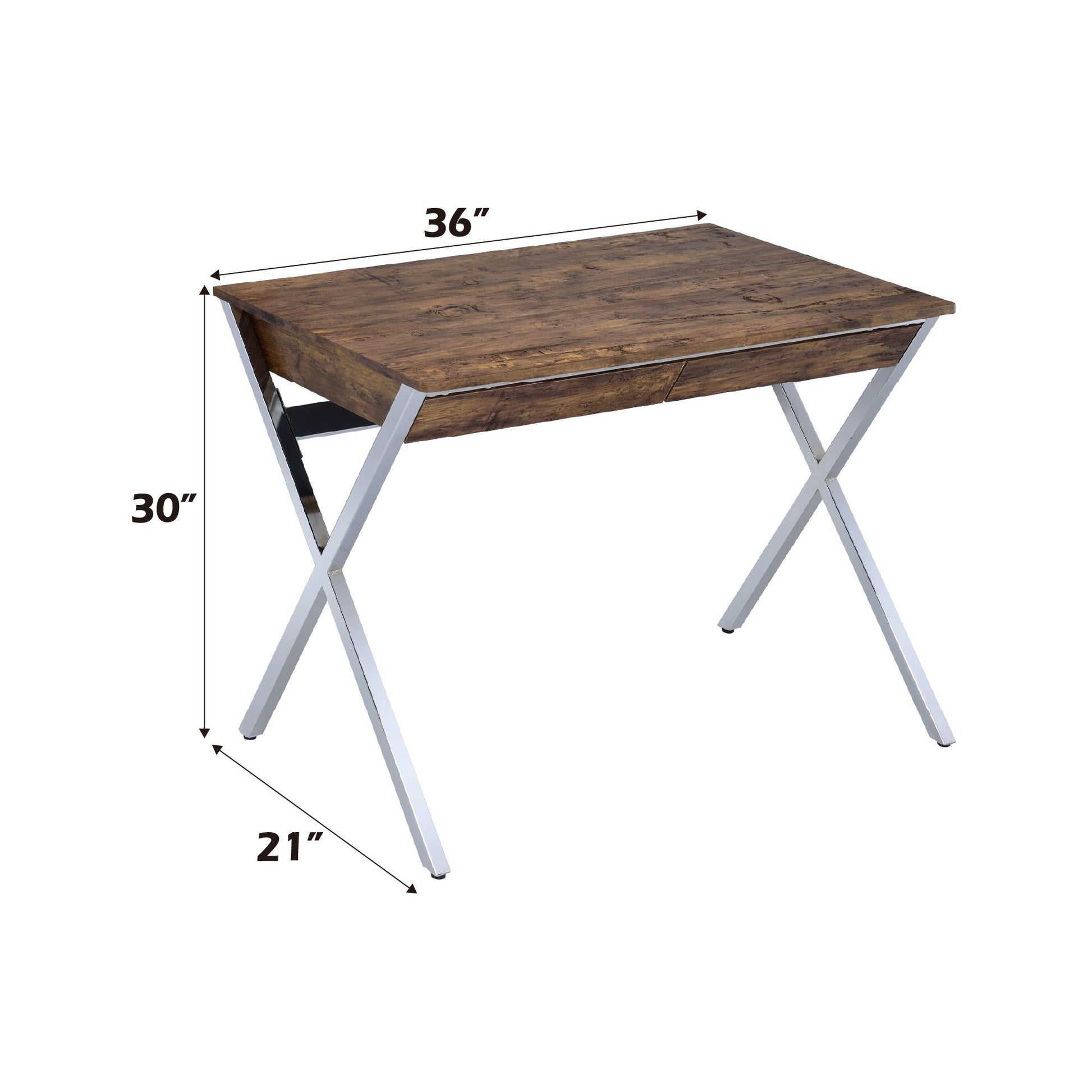 The Callers Weathered Writing Desk in Chrome/Oak features metal X-shaped legs, a rustic oak finish, and measures 36"W x 21"D x 30"H, shown against a white background.