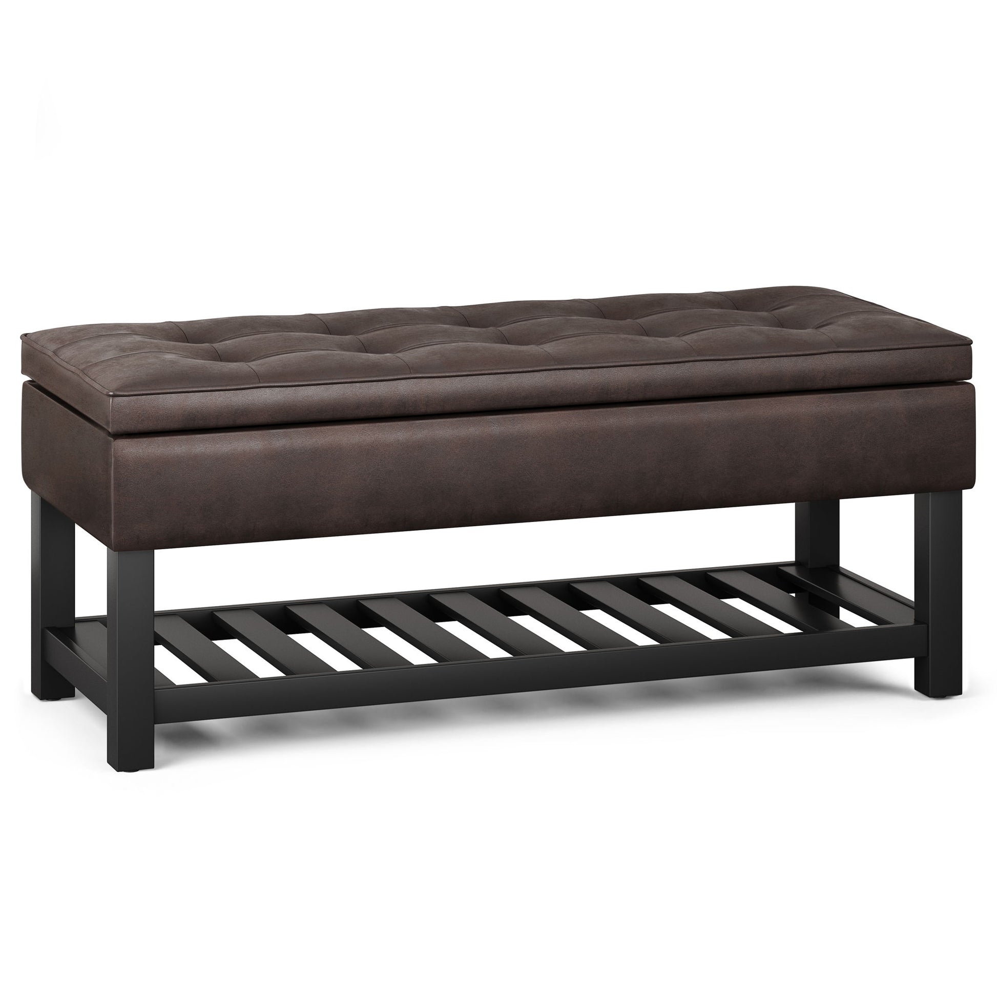 The Cosmopolitan Storage Ottoman Bench features a rectangular, tufted brown upholstered seat, black wooden legs, and an open-bottom slatted shelf for storage.