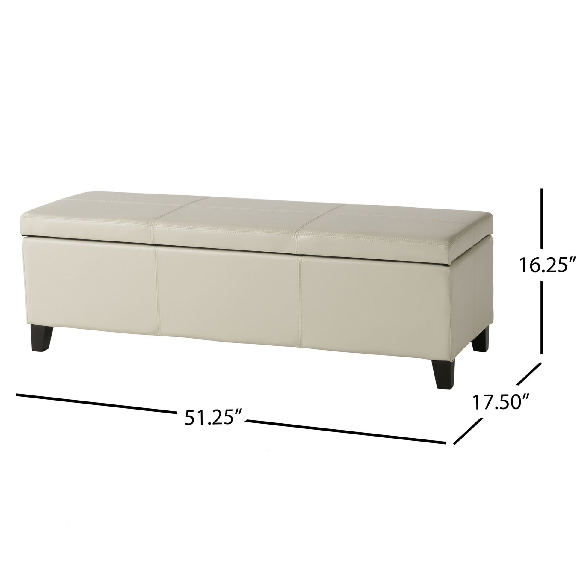 The Glouster - Contemporary Storage Ottoman features beige upholstery, a lift-top lid, short black legs, and measures 51.25"L x 16.25"H x 17.50"D.