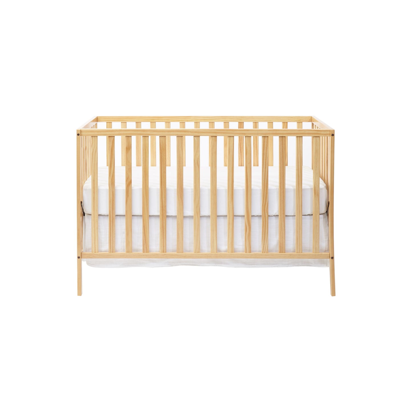 The Palmer - 3-in-1 Convertible Island Crib features vertical slats and a light wood finish, shown from the front with a white mattress and bedding against a plain white background.