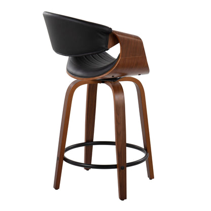 The Symphony Mid Century Modern Fixed Height Counter Stool (Set of 2) features a curved dark wood frame, black padded seat and backrest, sleek lines, and a round black metal footrest for a contemporary look.