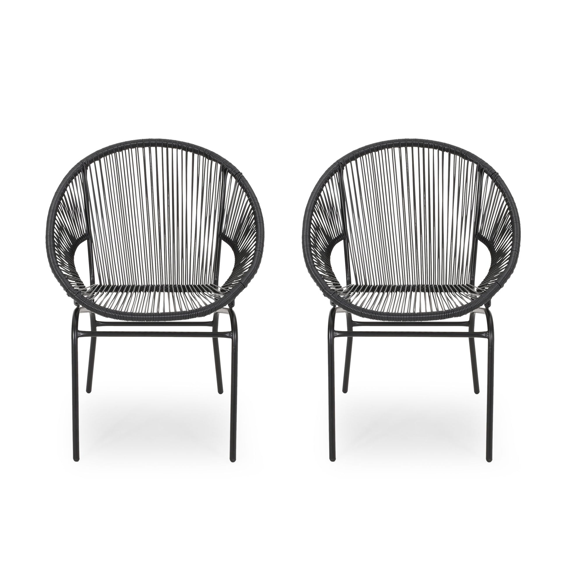 The Nusa Modern Chair features two black accent chairs with round backs and seats crafted from vertical, closely spaced cords, and slim metal legs, set against a white background.