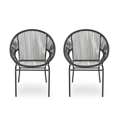 The Nusa Modern Chair features two black accent chairs with round backs and seats crafted from vertical, closely spaced cords, and slim metal legs, set against a white background.