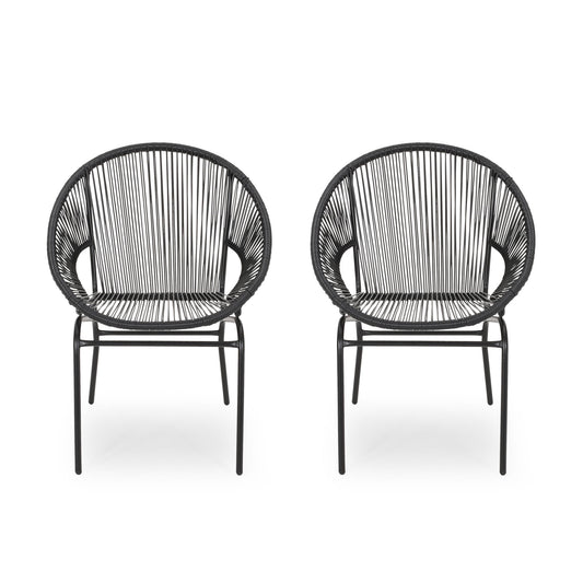 The Nusa Modern Chair features two black accent chairs with round backs and seats crafted from vertical, closely spaced cords, and slim metal legs, set against a white background.