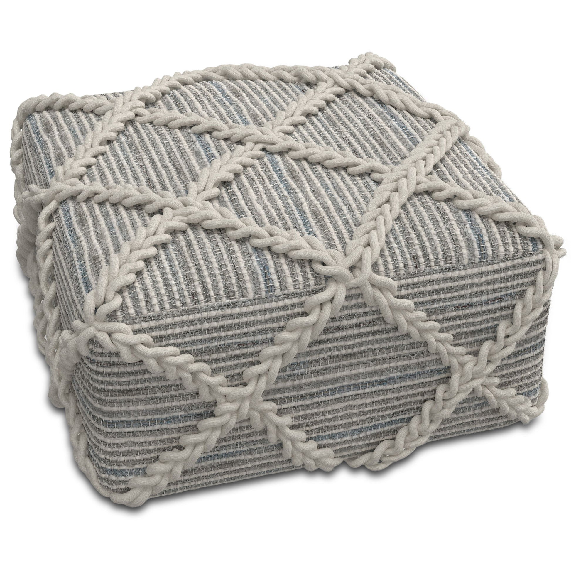 The Cowan - Handcrafted Square Pouf is a gray and white striped square ottoman, featuring thick braided white rope in a diamond crisscross pattern across its surface.