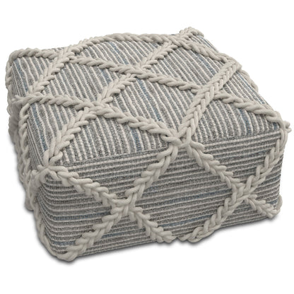 The Cowan - Handcrafted Square Pouf is a gray and white striped square ottoman, featuring thick braided white rope in a diamond crisscross pattern across its surface.
