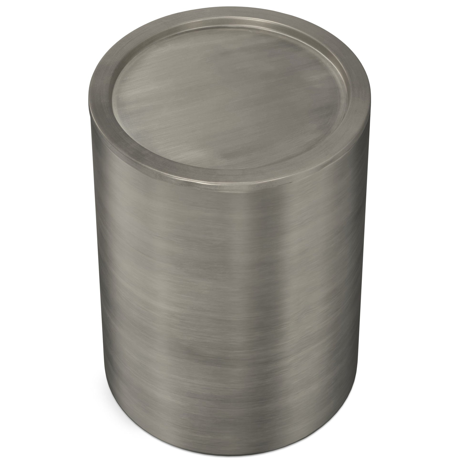 The Corbin Handcrafted Metal Side Table, a cylindrical piece with a brushed finish, flat circular top, and smooth sides, is shown against a white background.
