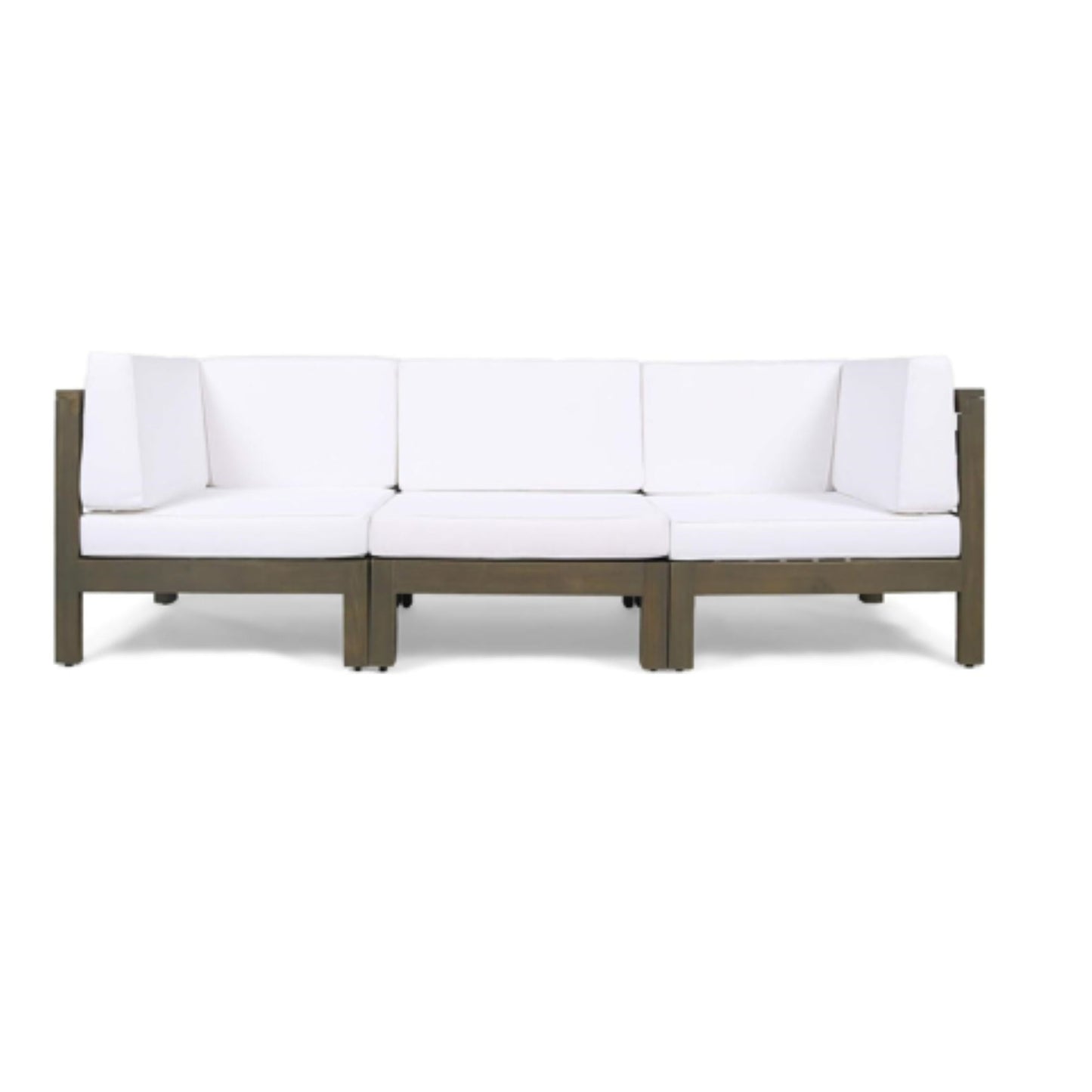 The Oana 3 Piece Sofa Set features a dark wood frame with water resistant white cushioned seats and backs, displayed against a plain white background.