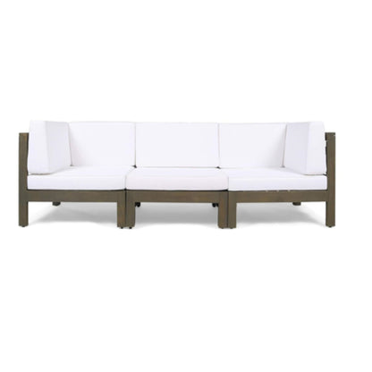 The Oana 3 Piece Sofa Set features a dark wood frame with water resistant white cushioned seats and backs, displayed against a plain white background.