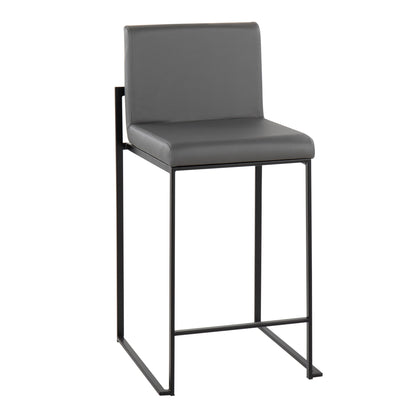 The Fuji - Contemporary Modern Elegance High Back Counter Stool features a gray cushioned seat and backrest atop a sleek black metal frame with footrest.