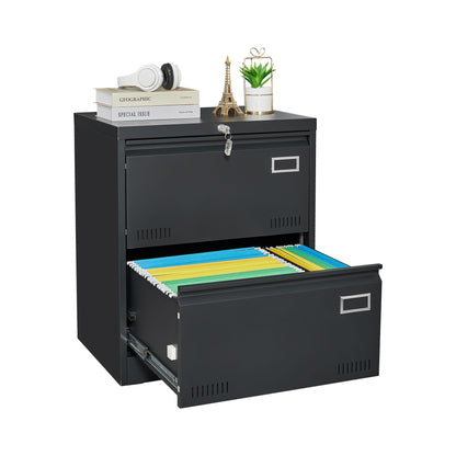 The 2 Drawer Metal Lateral File Cabinet With Lock in black features a closed, locked top drawer and an open bottom drawer with colorful folders. The top holds books, headphones, a small Eiffel Tower, and a potted plant—ideal for home offices.
